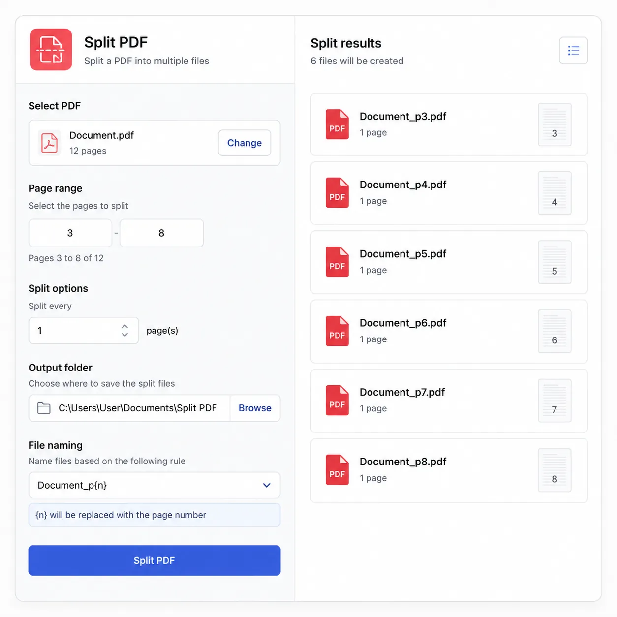 Screenshot-style illustration of a PDF tool interface showing “Split PDF” panel, options for page ra