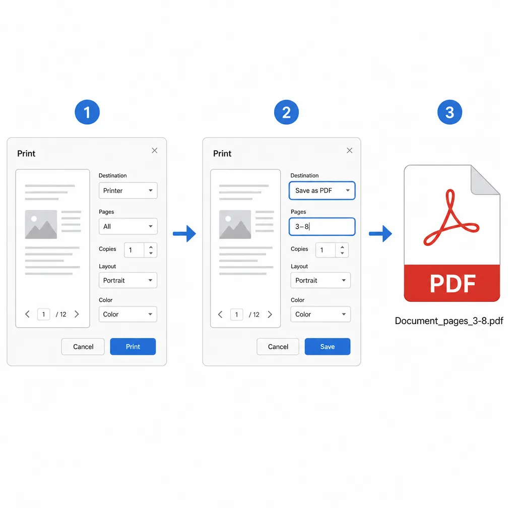 Step-by-step visual of a computer print dialog saving as PDF, highlighting page range input “3-8”, d