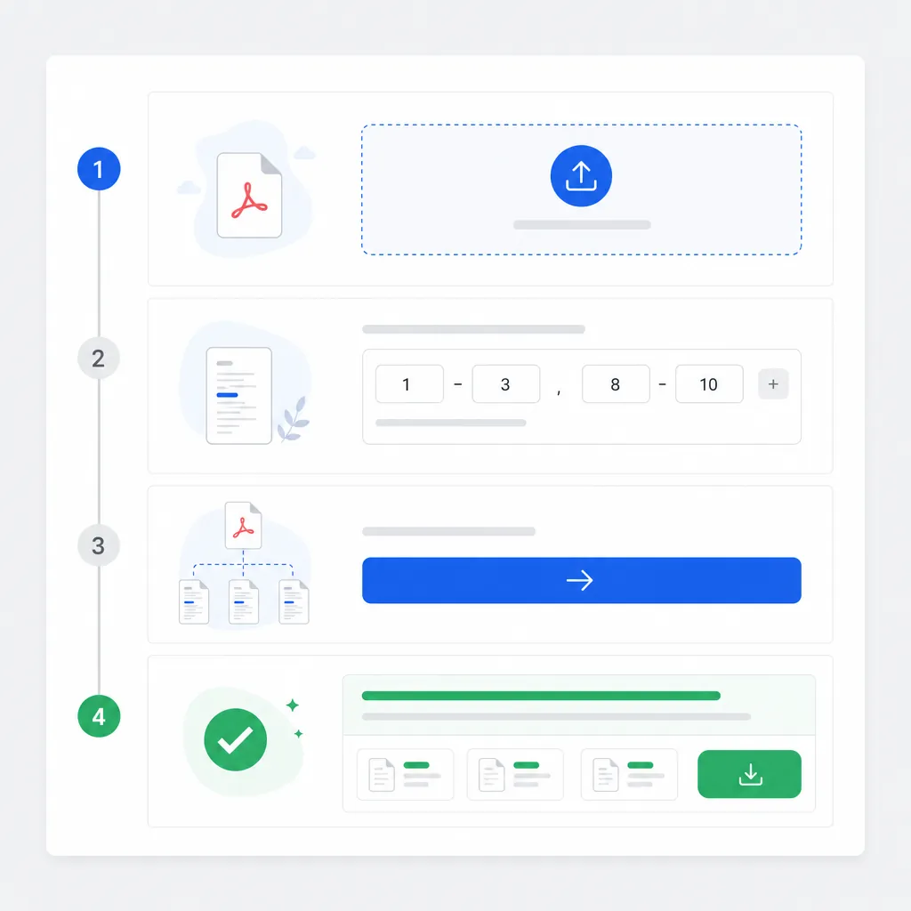 A clean step-by-step web interface mockup for splitting a PDF online: upload area, page range input