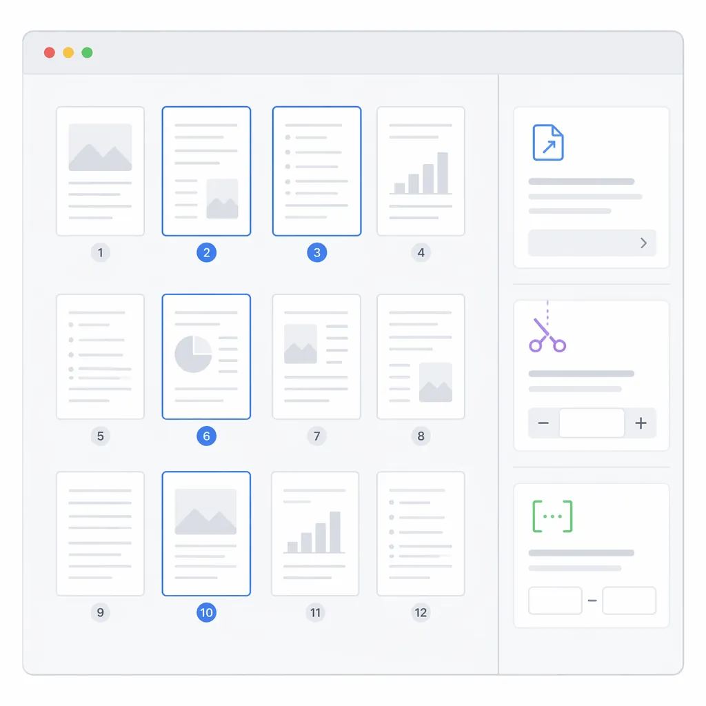 Desktop PDF page organizer view showing thumbnails, selected pages highlighted, a sidebar with optio