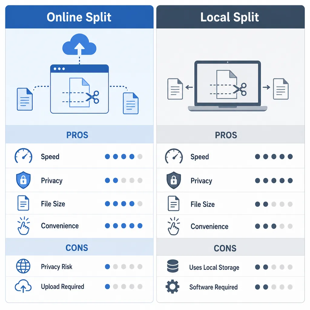 A simple comparison infographic with two columns: Online Split vs Local Split, listing pros/cons (sp