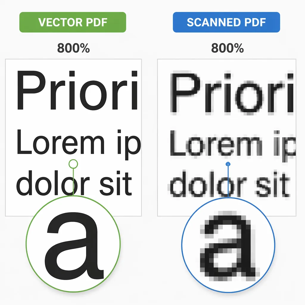 Side-by-side comparison of vector PDF vs scanned PDF zoomed at 800%, showing crisp selectable text o