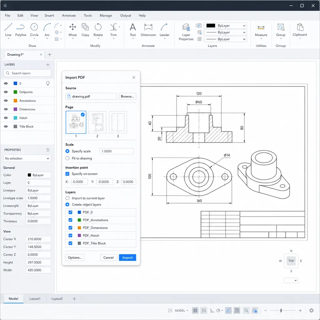 Screenshot-style illustration of CAD workspace importing a PDF, showing a dialog with page selection