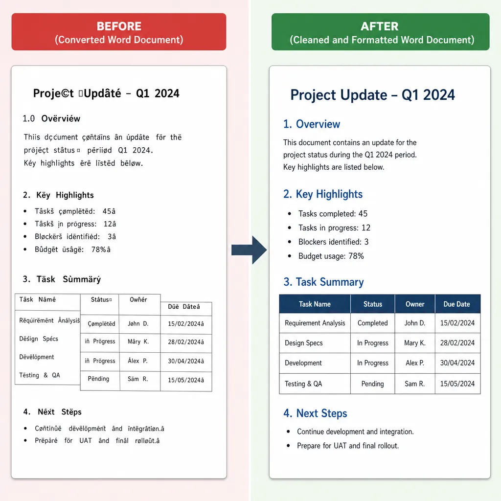 Before-and-after comparison of a converted Word document: left side shows messy layout with misalign
