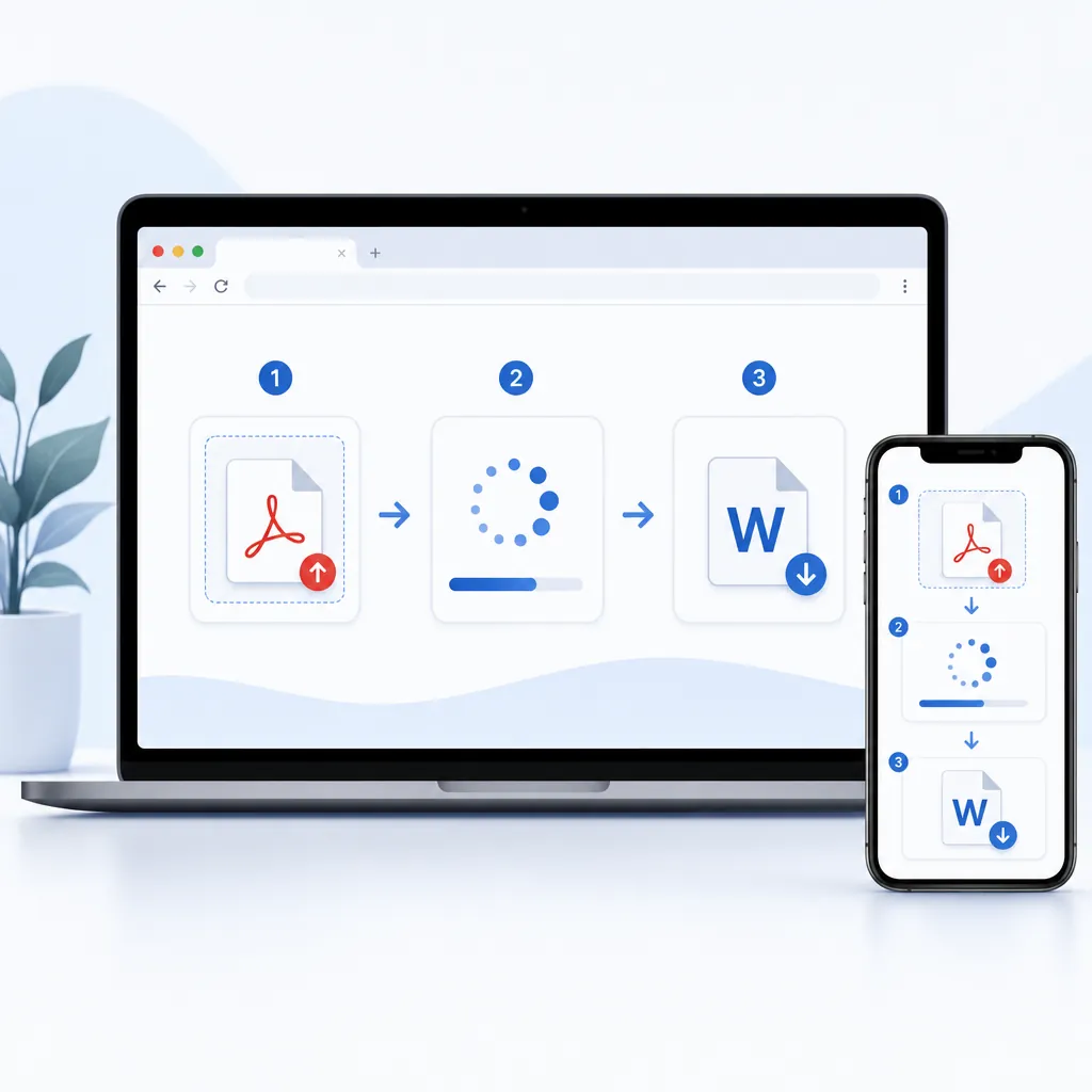 A clean illustration of a user converting a PDF to Word in a web browser on laptop and phone, showin