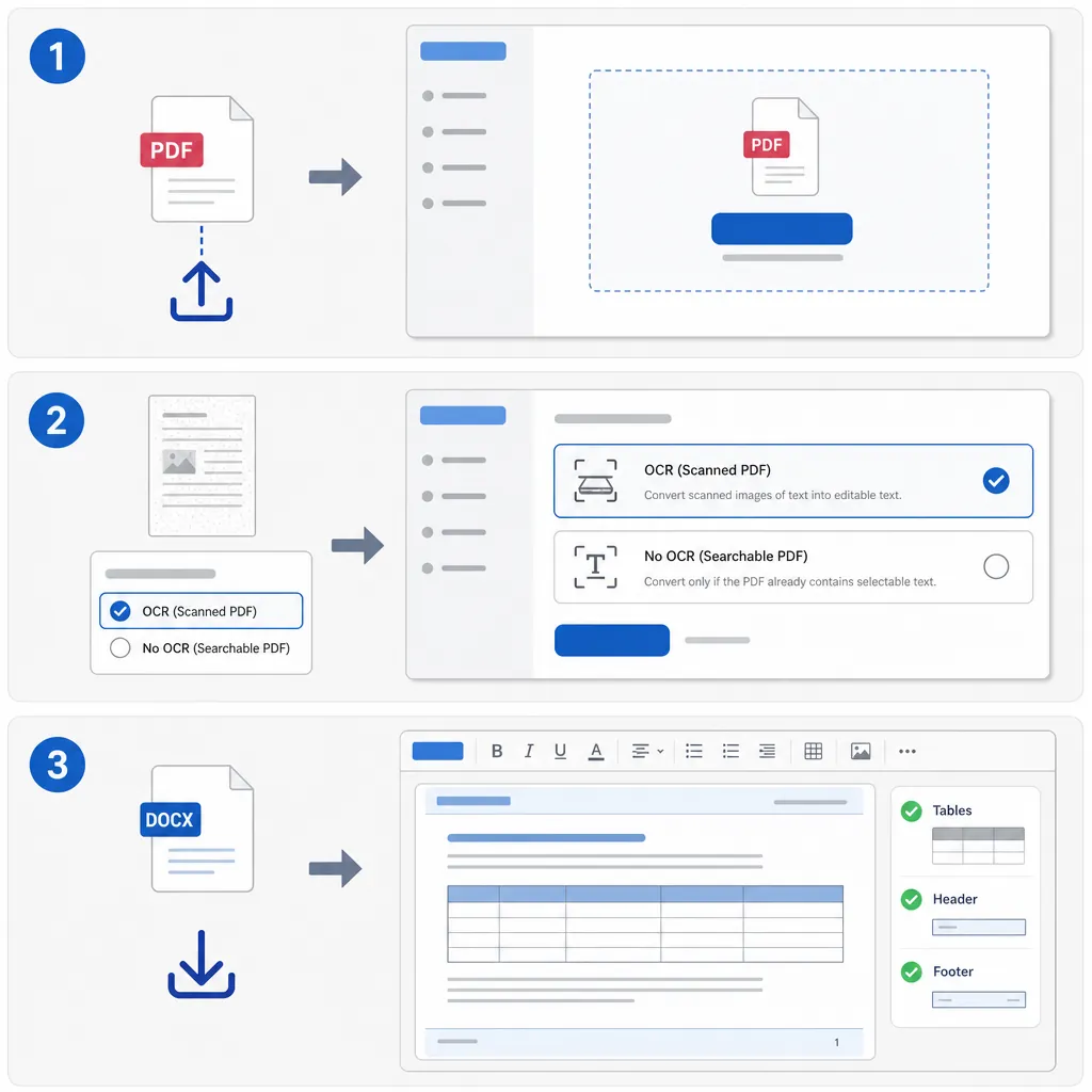 Step-by-step screenshot-style infographic (no real UI logos) showing: 1) upload PDF, 2) choose OCR f