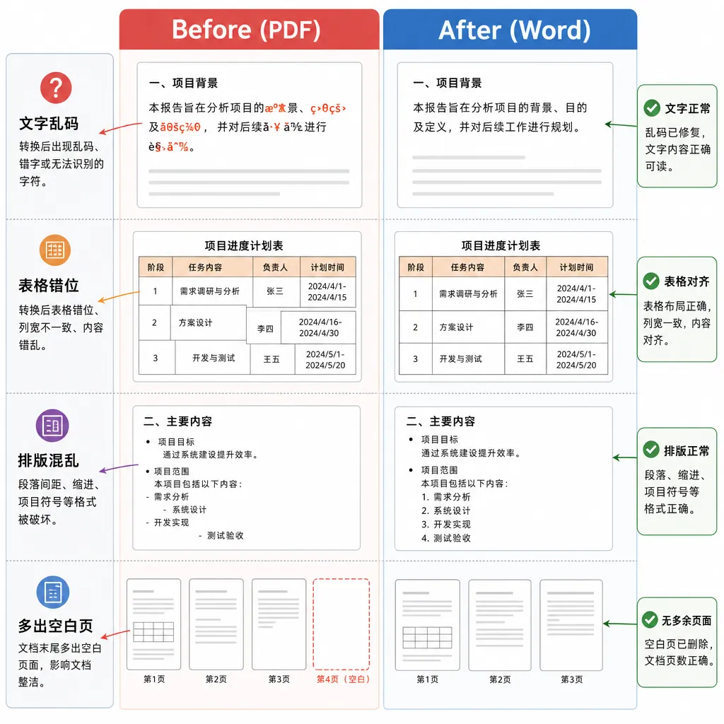 A comparison infographic with two columns: “Before (PDF)” and “After (Word)”, highlighting common is
