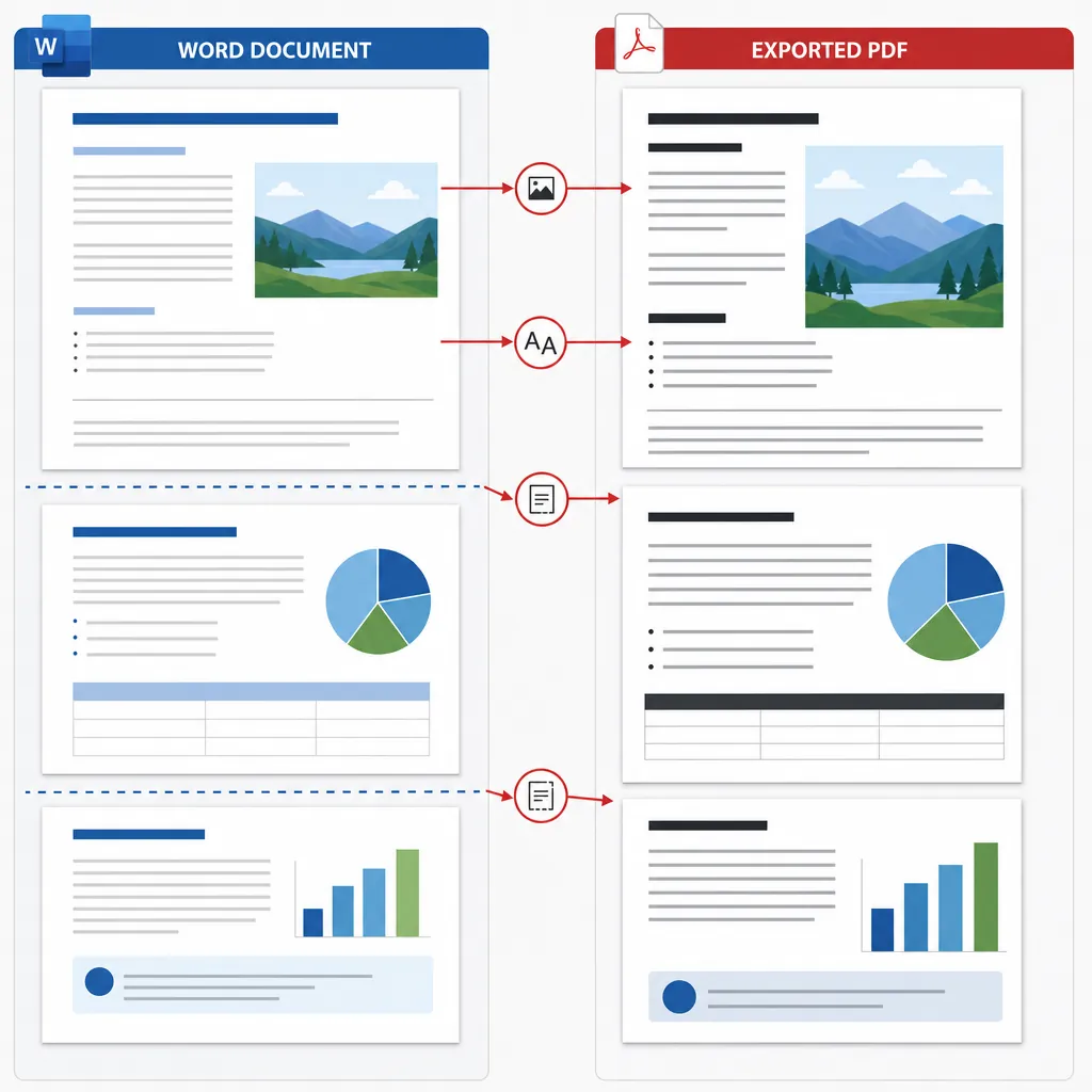 Split-screen comparison of a Word document and exported PDF showing shifted images, different fonts,