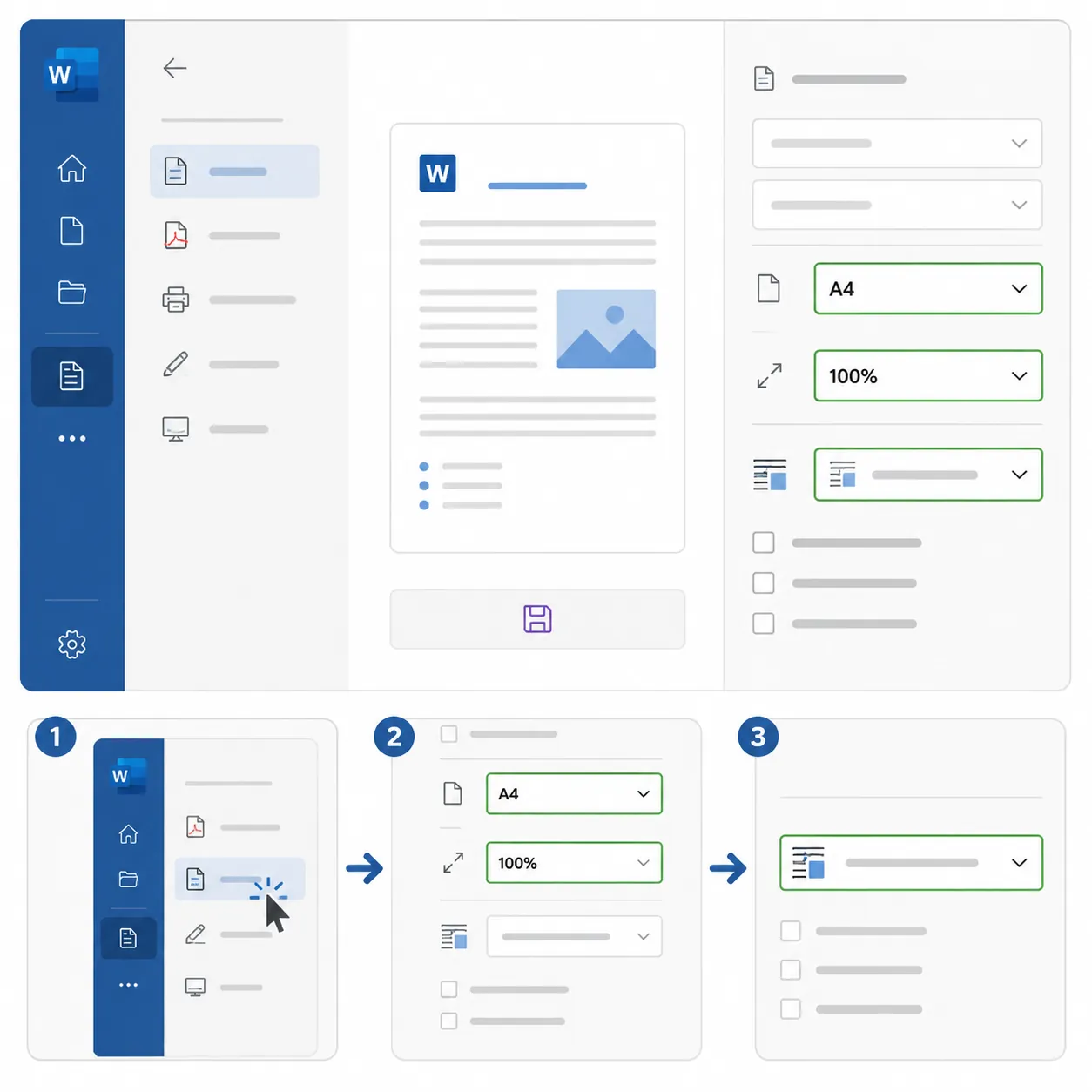Step-by-step UI mockup of Microsoft Word export to PDF/XPS settings panel, highlighting paper size A