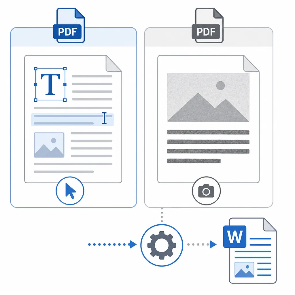 Diagram showing two PDF types side by side: text-based PDF with selectable text vs scanned PDF as an